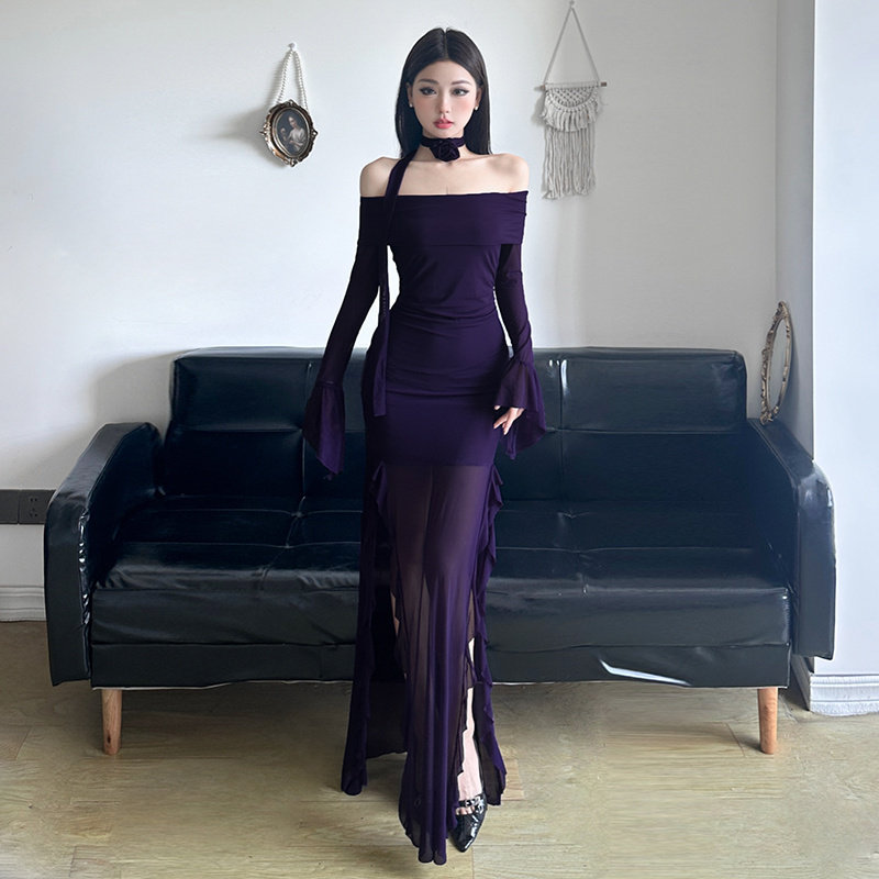 MSYOUCAN 女巫魔法阵一字肩荷叶边开叉连衣裙修身玫瑰网纱长裙女,女装/女士精品,连衣裙,淘宝优惠券,粉丝福利购,淘宝优惠卷