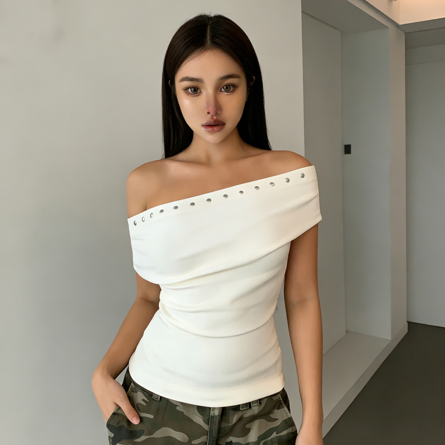 MSYOUCAN 朋克风个性铆钉拼接斜肩短袖T恤女百搭显瘦修身辣妹上衣