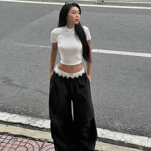 潮 MSYOUCAN 韩系ins风撞色蕾丝花边拼接阔腿裤 辣妹宽松梭织工装 裤