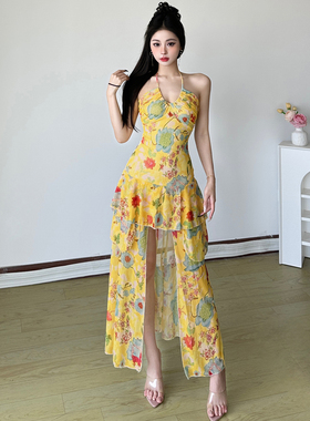 MSYOUCAN 油画风花卉印花抽褶挂脖连衣裙层叠荷叶边辣妹A字长裙女