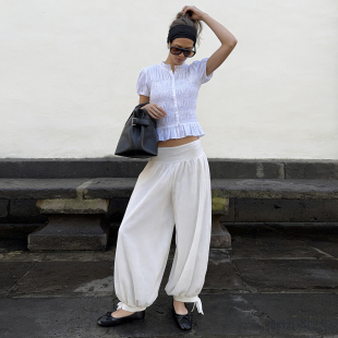 低腰休闲辣妹阔腿长裤 MSYOUCAN 慵懒松弛垂感宽松绑带束脚灯笼裤