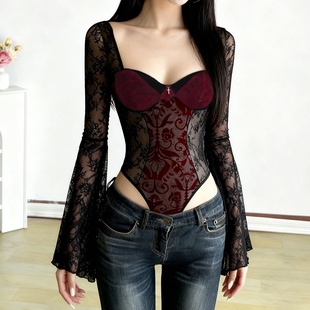 上衣 显瘦露腰喇叭袖 MSYOUCAN 哥特红黑色蕾丝拼接低领连体衣修身
