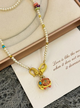 复古沙金小象吉祥珍珠项链