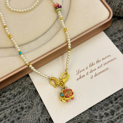 复古沙金小象吉祥珍珠项链