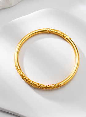 古法沙金卷草纹镯子女店同