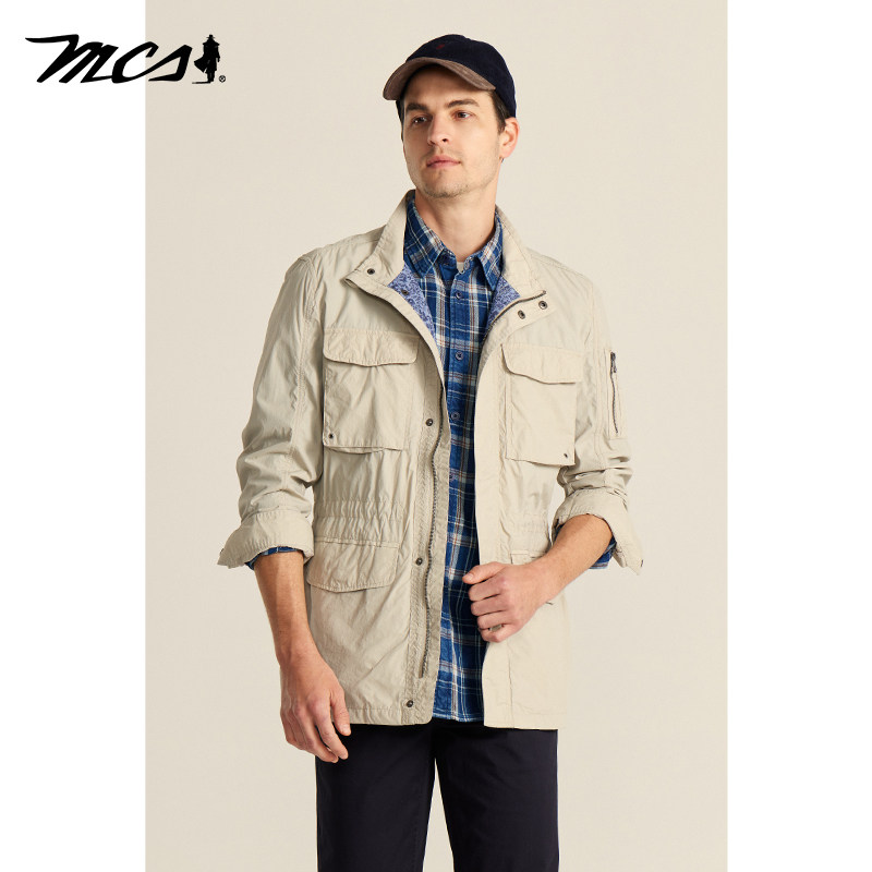 MCS万宝路男装秋季薄款男士夹克工装多口袋立领休闲外套中年洗水