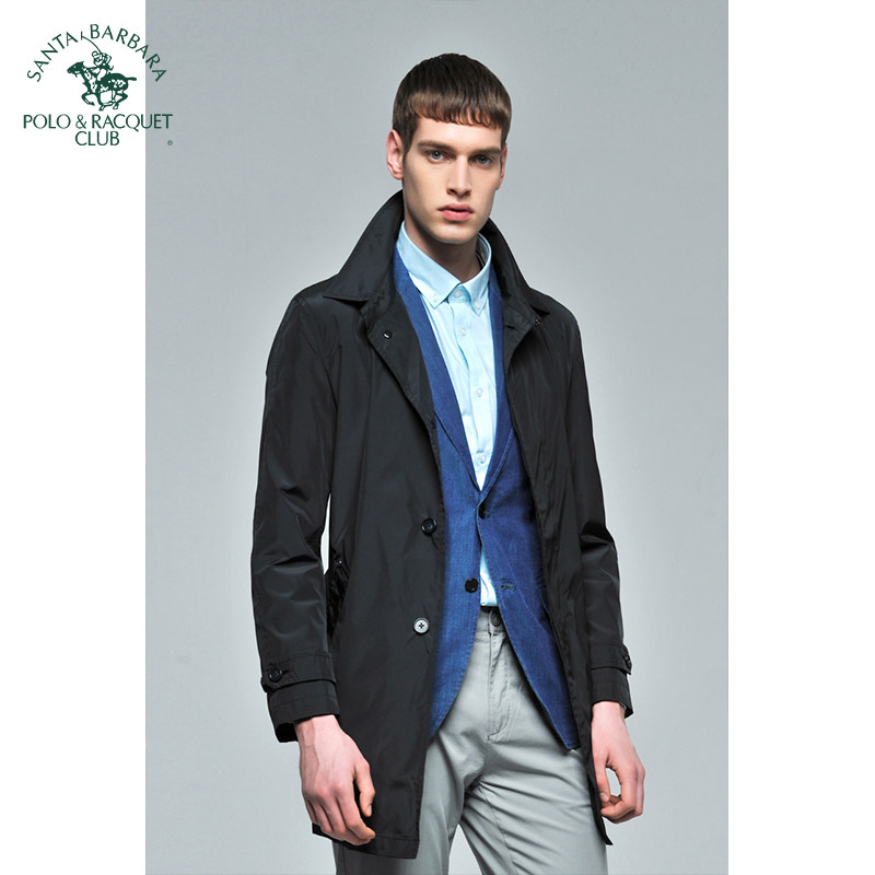 圣大保罗男装中长款翻驳领系扣风衣外套男士潮流秋季薄款派克休闲