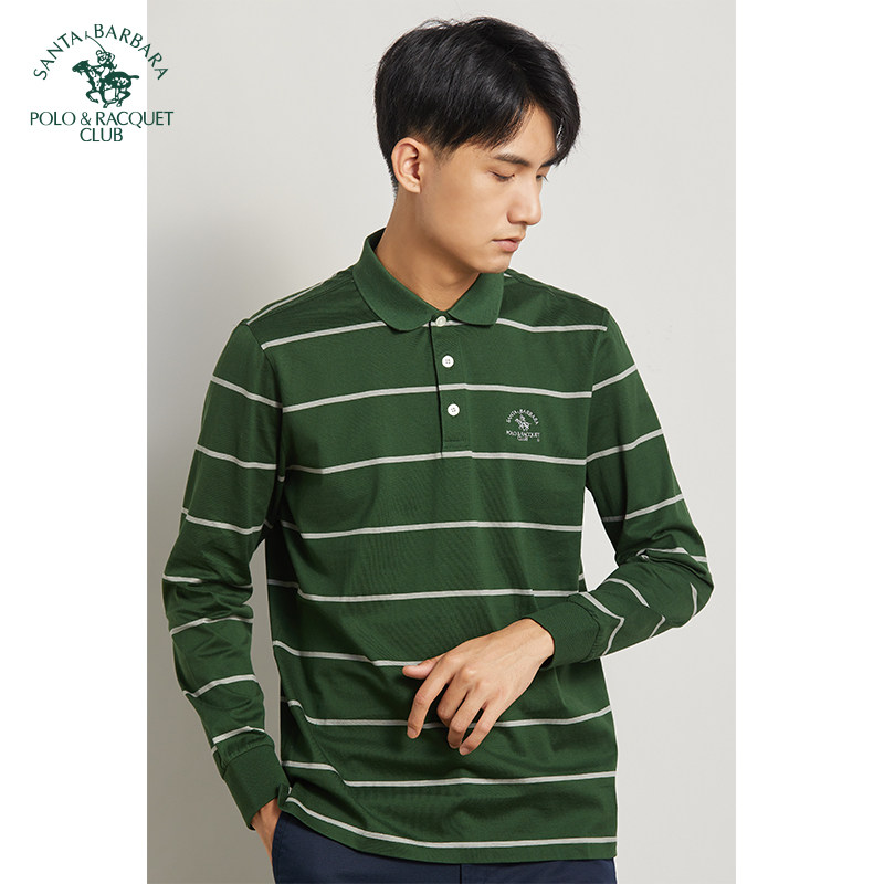 圣大保罗男装秋季新款合身版丝光棉条纹翻领男士百搭休闲长袖t恤