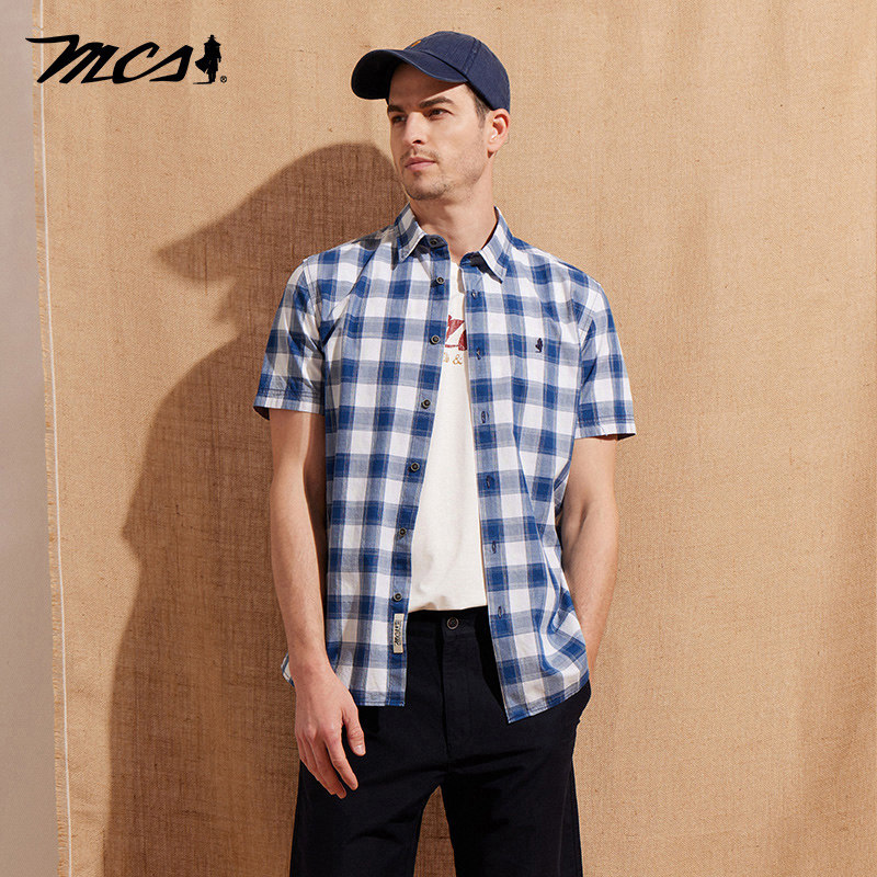 MCS万宝路男装合身版休闲格子纯棉短袖衬衫夏季新款宽松半袖衬衣