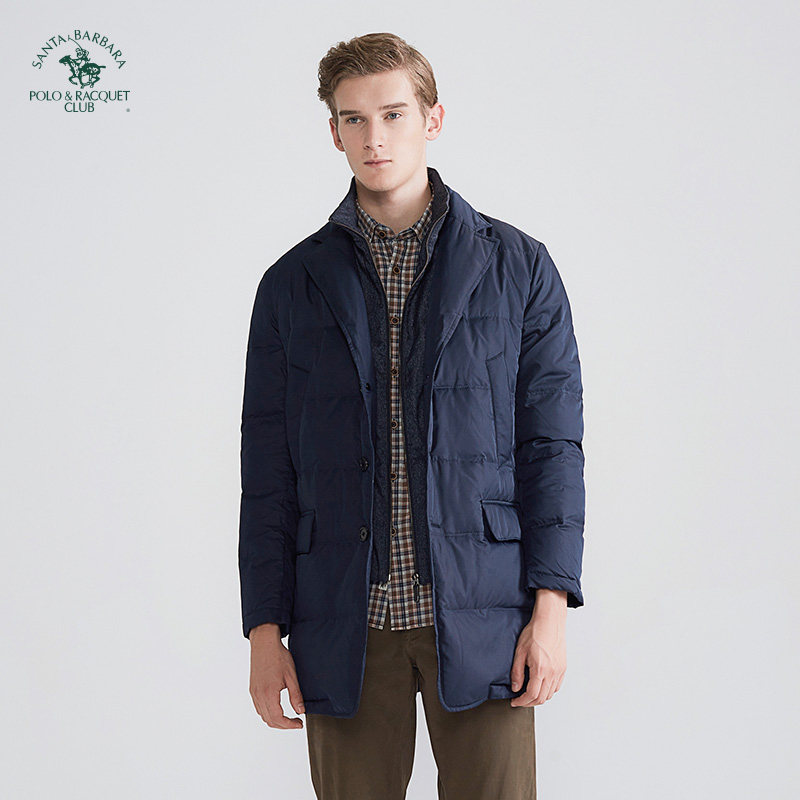 圣大保罗男装西装领中长款羽绒服冬季修身加厚保暖男士外套白鸭绒