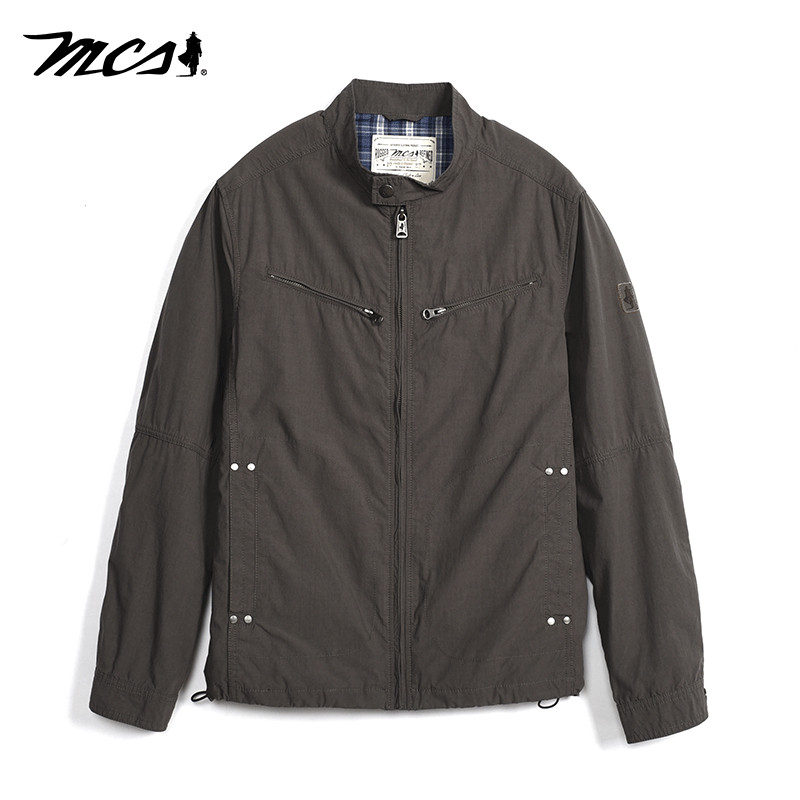 MCS男装专柜同款春秋男士小立领休闲薄款夹克机车手款全棉单外套