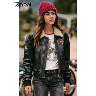MCS秋冬女装毛翻领皮夹克绵羊皮真皮皮衣短款飞行员羽绒皮外套女
