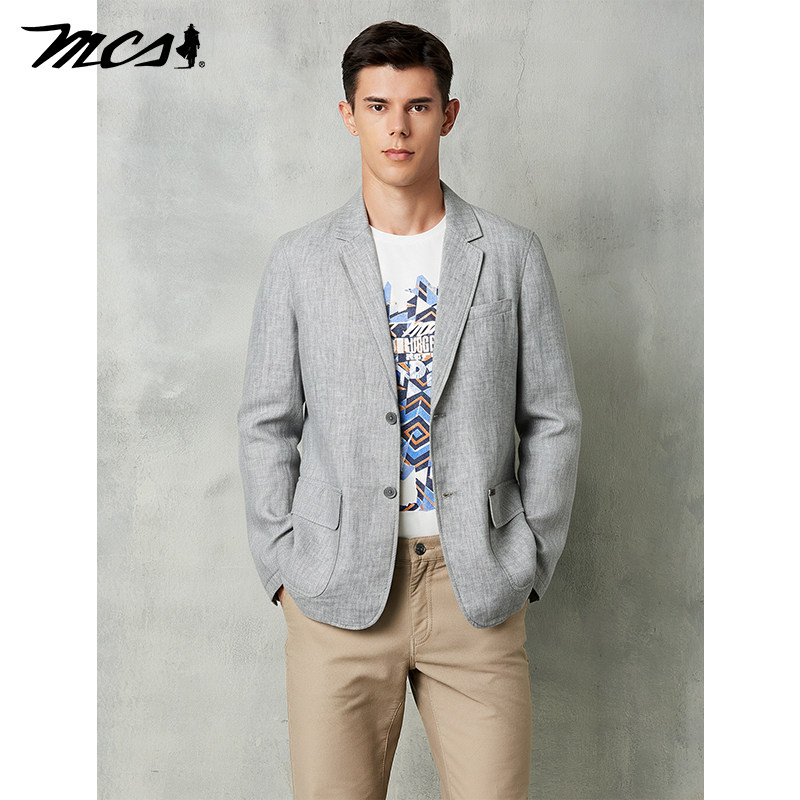 MCS男士灰色两粒扣休闲西装外套春季修身亚麻简约风复古西服薄款