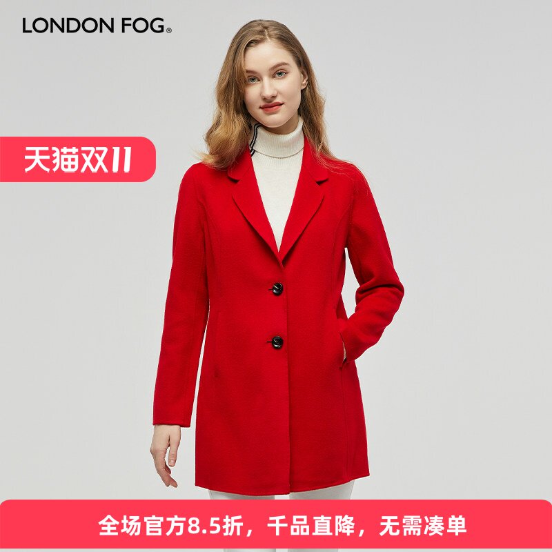 伦敦雾红色翻领毛呢大衣女通勤
