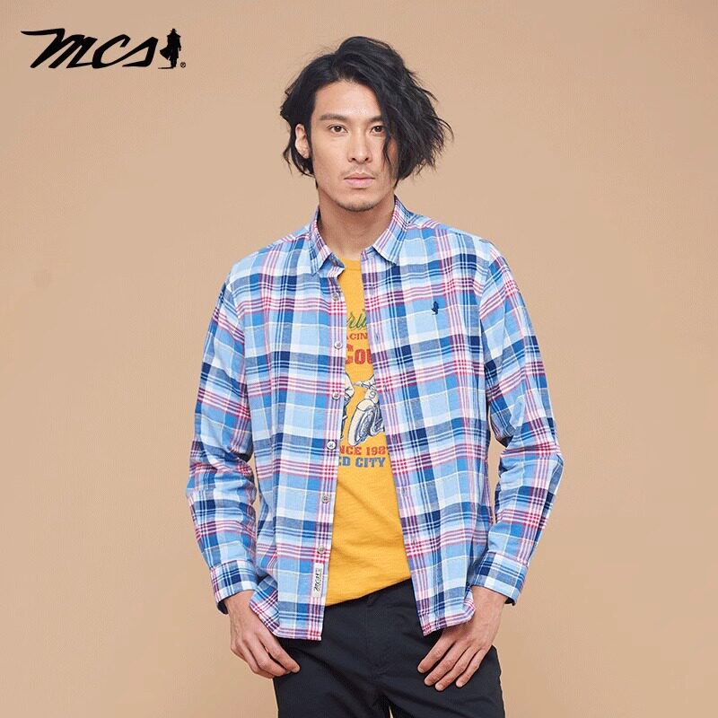 MCS美式复古格子棉亚麻男衬衫