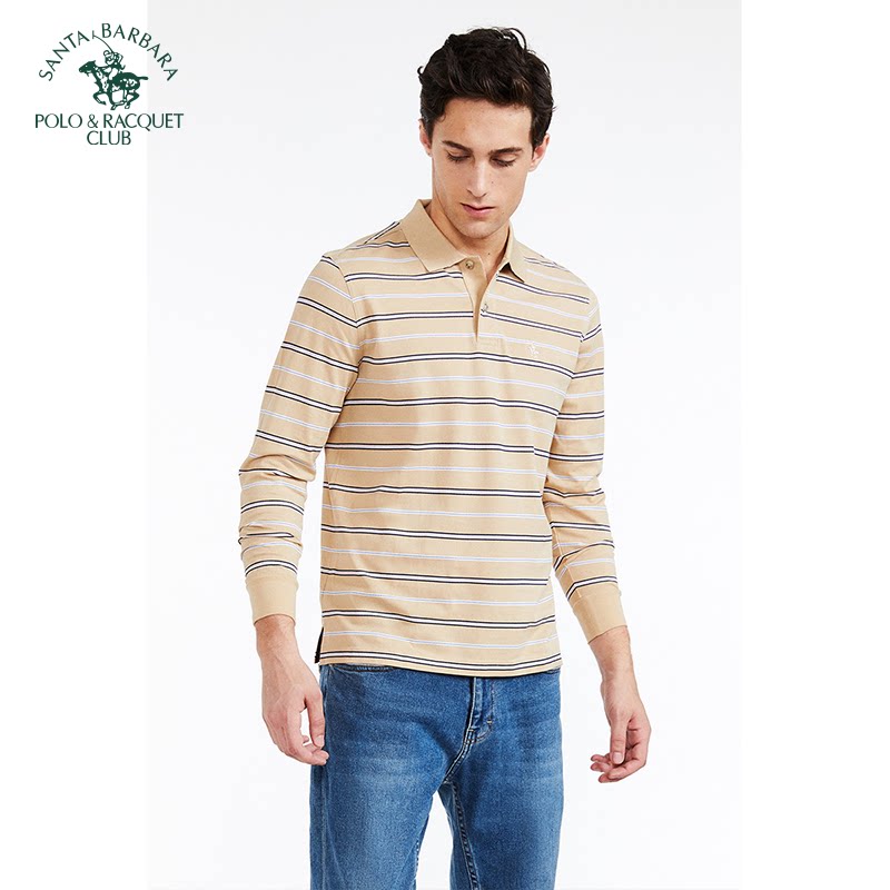 圣大保罗男装丝光棉休闲长袖条纹翻领POLO衫男士大码T恤春夏薄款