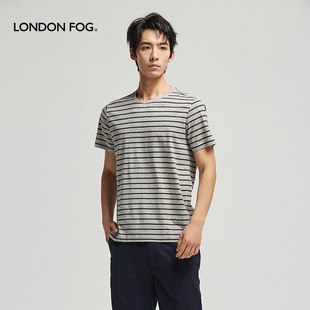 LONDON FOG/伦敦雾夏季休闲条纹短袖T恤男圆领纯棉宽松上衣打底衫