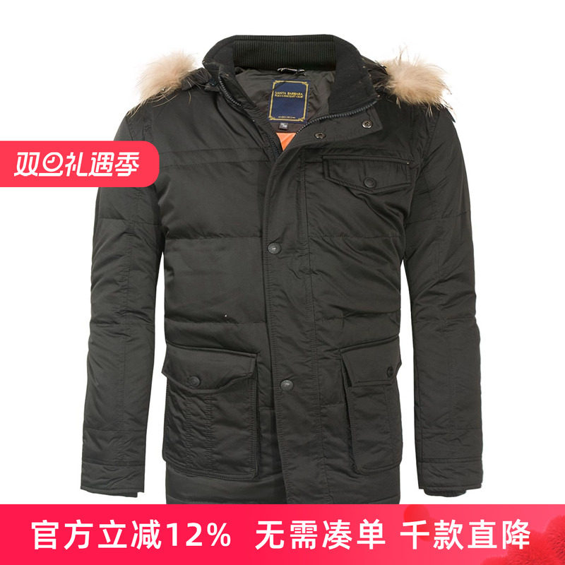 圣大保罗品质行货大码男装貉子毛可脱卸帽灰鸭绒羽绒服PW12WJ808