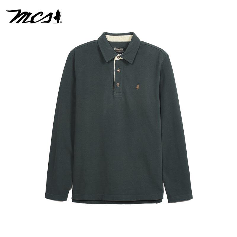 MCS万宝路男装秋冬款基本款翻领polo衫大码净色纯棉男士长袖t恤衫