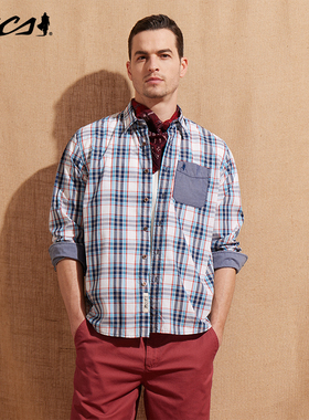 MCS美式洗水复古格子衬衫男长袖休闲百搭简约翻领衬衣男装父亲装