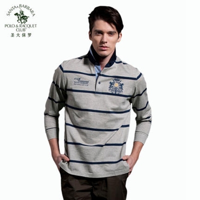 男士横条纹丝光棉长袖T恤POLO衫