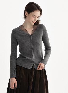 DIGBUTY春天的信号绵羊毛灰色毛衣女开衫内搭纽扣欧根纱V领针织衫