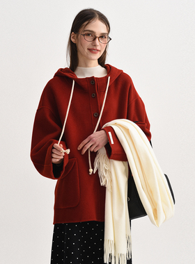 DIGBUTY圣诞旗帜'羊毛红色大衣外套女高级连帽中长款冬季加厚呢子