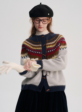 DIGBUTY'复古摩天轮'费尔岛风牛角扣开衫绵羊毛毛衣慵懒加厚外套