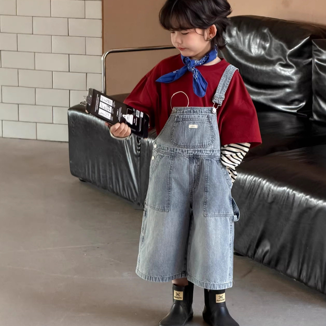 2026春夏新款男童女童背带裤牛仔7分裤可爱洋气小众阔腿短裤潮