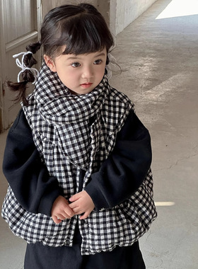 2024Eer秋冬新款韩版女童格子棉服马甲围脖套装潮服羽绒马甲
