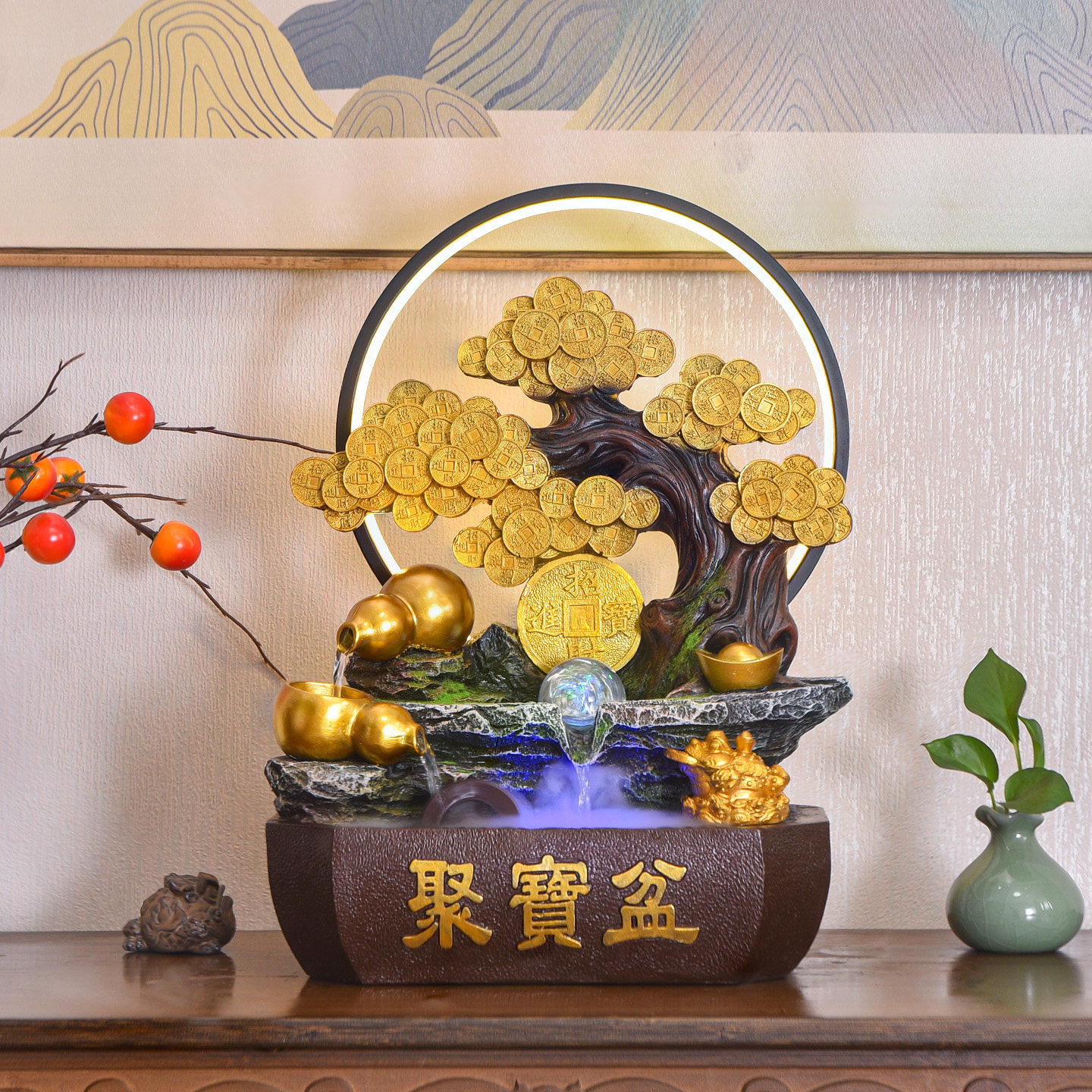 中式聚宝盆葫芦招财开业礼物循环水喷泉办公桌面摆件客厅家居装饰