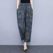 直筒哈伦裤 高腰妈妈裤 夏季 宽松休闲九分裤 子 大码 中老年纯棉绸女裤