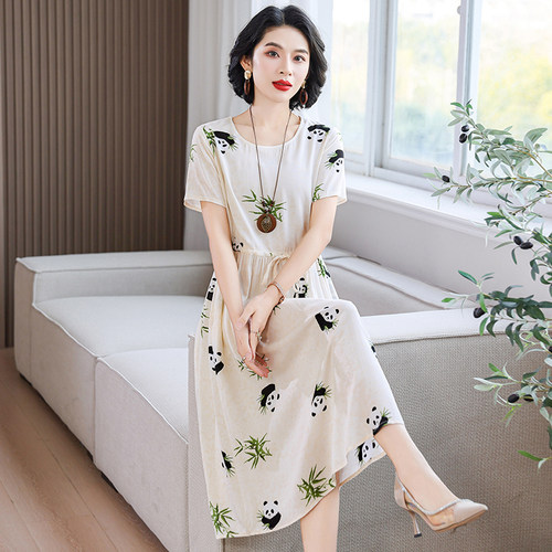 中年妈妈洋气棉绸连衣裙女夏季