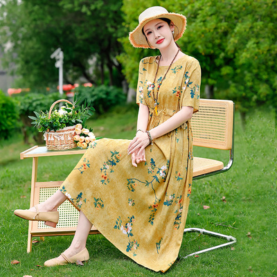 夏季棉绸连衣裙女中长款收腰显瘦妈妈人造棉睡衣大码高端外穿睡裙