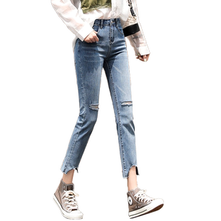 破洞牛仔裤女2021年新款薄款高腰显瘦宽松直筒裤浅色小个子九分裤