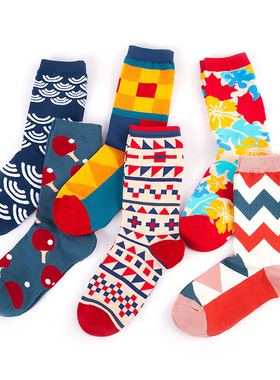 5双秋冬女袜潮流欧美格子中筒全棉高帮长袜ins潮袜网红款花袜子女