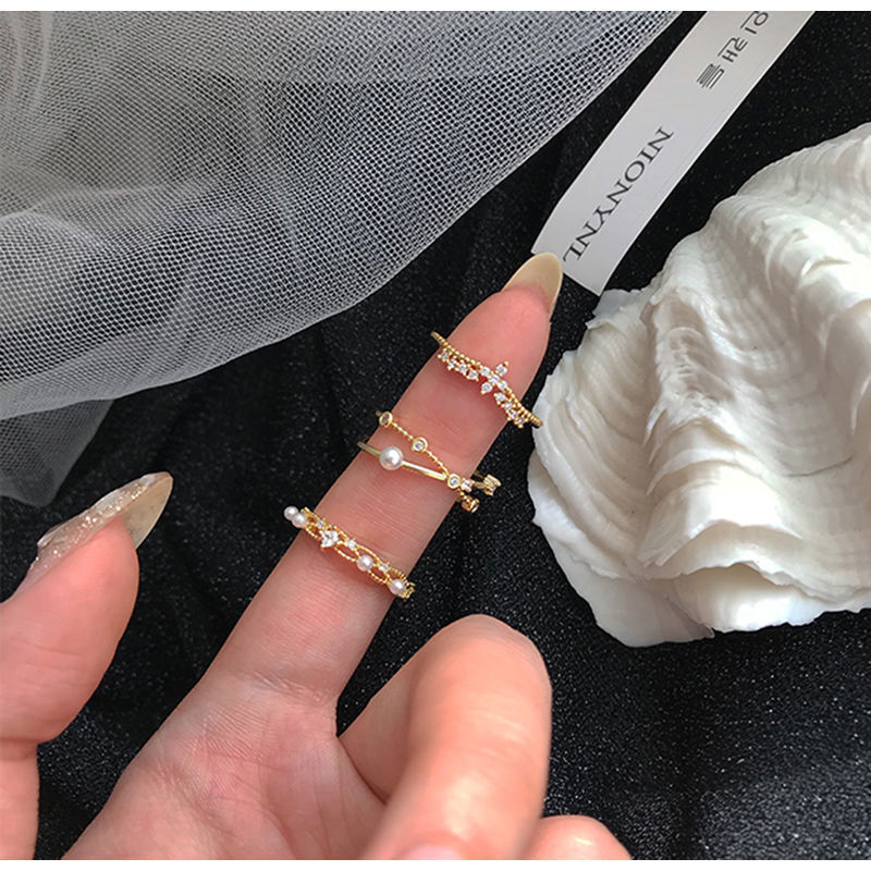 网红三件套珍珠戒指女韩版学生简约ins时尚个性锆石开口可调节