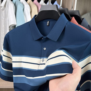 2026新款翻领短袖POLO衫男宽松条纹商务休闲半袖T恤夏季薄款上衣