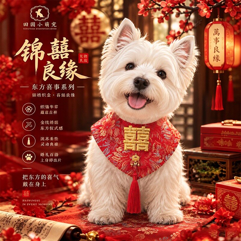 狗狗口水巾结婚装饰围兜宠物喜庆衣服猫猫陪嫁狗狗领结蝴蝶结喜字