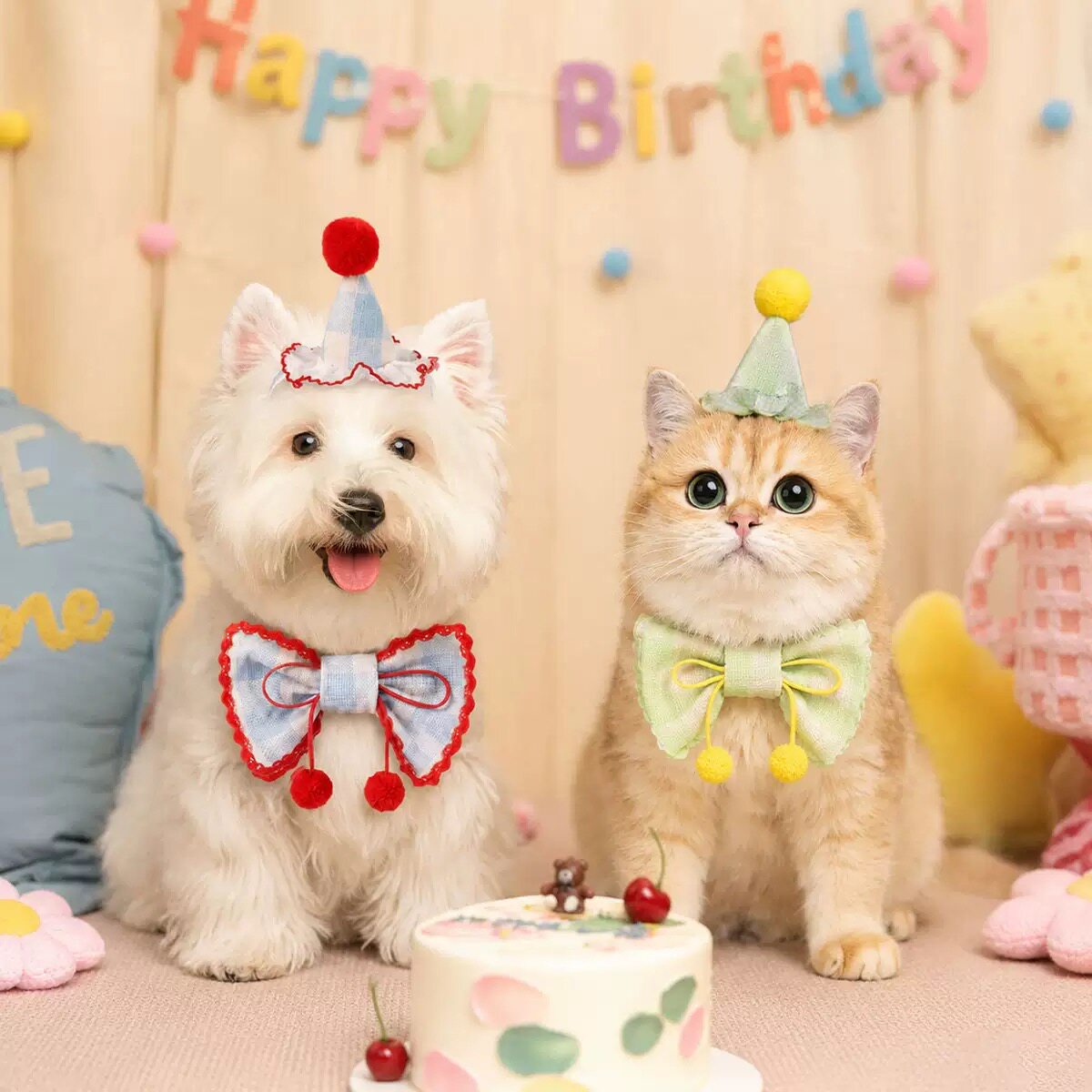 小樱桃宠物猫狗生日派对装扮领结口水巾拍照道具围脖帽子围兜比熊
