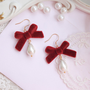 拾壹纪「酒红蝴蝶结」原创手工可爱日系丝绒珍珠925纯银耳环耳夹
