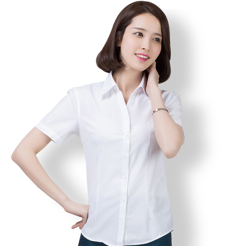 白衬衫女士短袖修身商务装白领酒店前台职业V领工作服OL夏季薄款