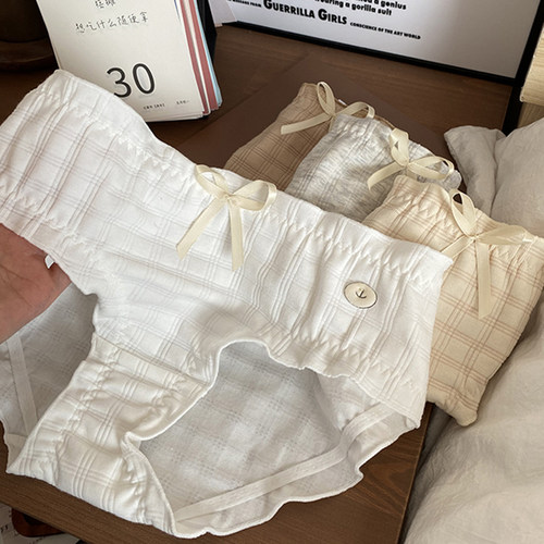 格纹棉木耳边日系少女蝴蝶结内裤