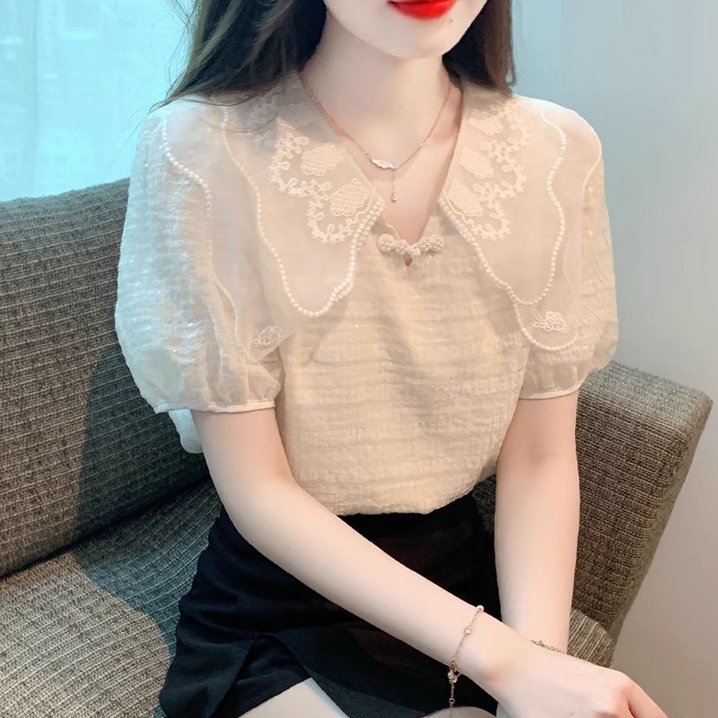 短袖雪纺衫女夏季薄款2025新款宽松遮肚洋派小衫娃娃领泡泡袖上衣