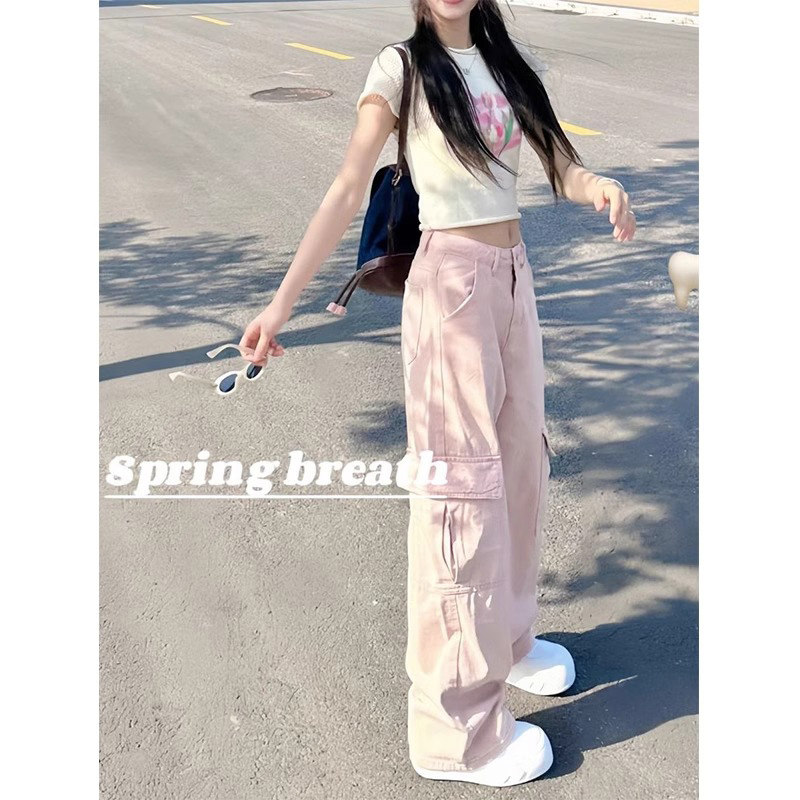 粉色工装裤女夏季薄款2026新款高腰垂感直筒美式小个子休闲宽裤