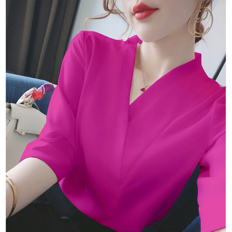 雪纺衬衫女短袖夏季2025年新款宽松洋气小衫纯色v领半袖t恤上衣