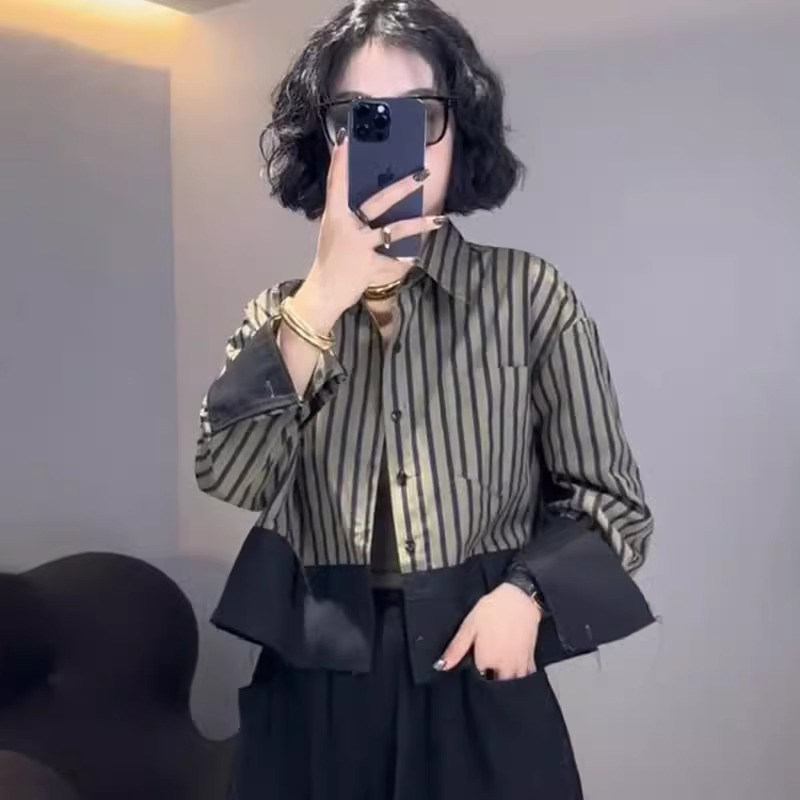 条纹衬衫女长袖春秋2026新款港风高端小个子短版衬衫外套休闲上衣