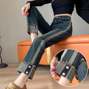 直筒牛仔裤女秋冬加绒2025年新款高腰窄版显瘦小个子九分烟管裤子