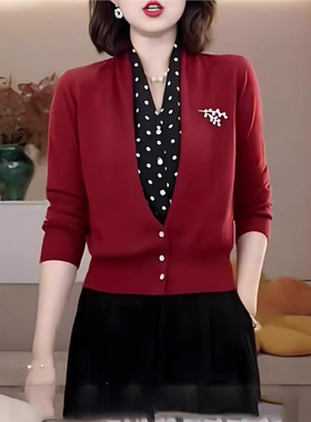 红色毛衣女秋冬2025新款内搭时尚洋气小个子假两件针织打底衫上衣