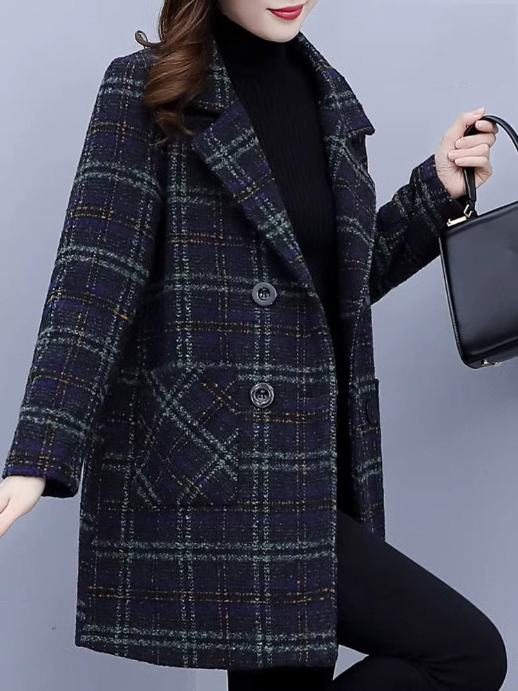 格子毛呢西装外套女士春秋季2025新款韩版休闲大码中长款呢子大衣